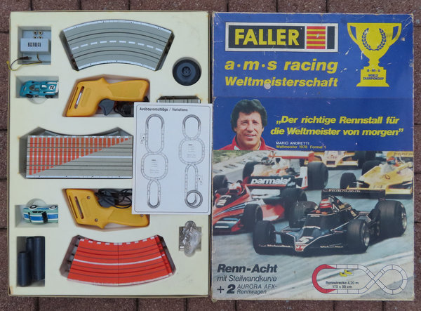 Faller AMS 3904 -- Racing Weltmeisterschaft mit 2 AFX Fahrzeugen, 70er Jahre Spielzeug  (BNL1765)